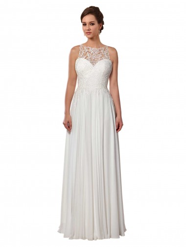 Shop Illusion Neck A-Line Chiffon Beach Wedding Dress with Lace Halter Neckline UK