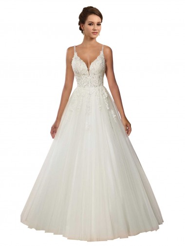 Shop Modern Spaghetti Straps Ball Gown Tulle Wedding Dress with Lace Bodice UK