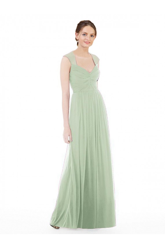 Sheer Back Cap Sleeves Long Chiffon Bridesmaid Dress 