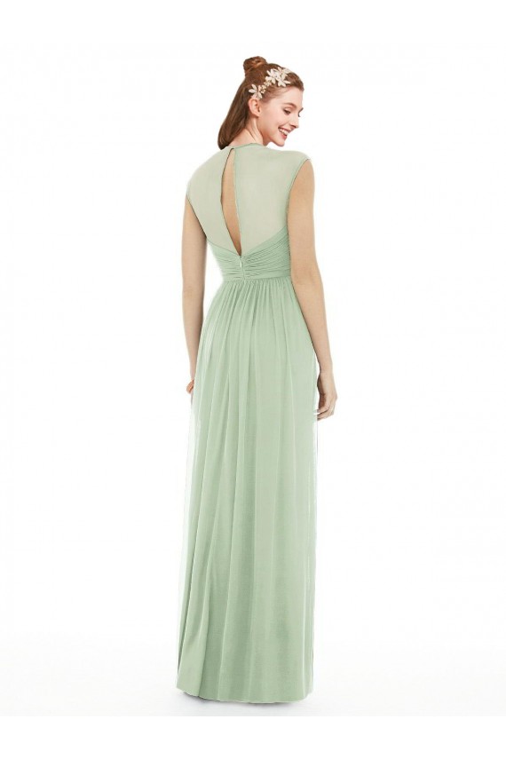 Sheer Back Cap Sleeves Long Chiffon Bridesmaid Dress 