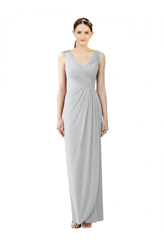 Draped Sleeveless Long Chiffon V-Neck Bridesmaid Dress