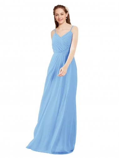 Shop Pleated Low Back Long V-Neck Chiffon Bridesmaid Dress with Thin Straps UK