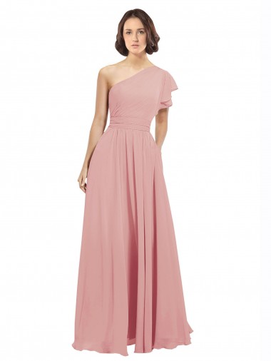 Shop Chiffon Bridesmaids Dress with One Shoulder Flounced Sleeve UK