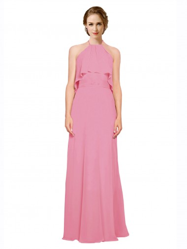 Shop Ruffle Halter Neck A-Line Chiffon Bridesmaid Dress with Open Back UK