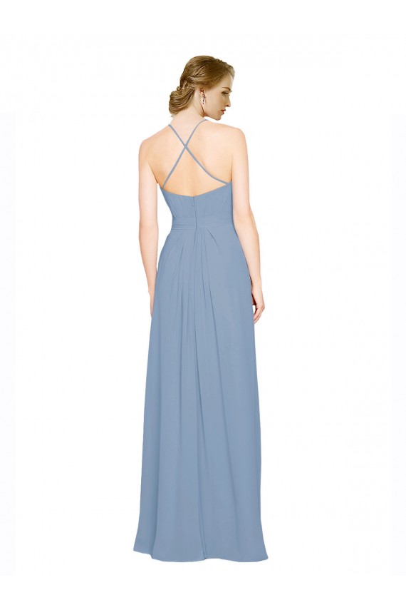 Pleated Halter Neckline A-Line Chiffon Bridesmaid with Criss Cross Back