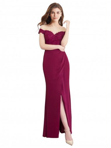 Shop Off the Shoulder Chiffon Bridesmaid Dress with Lace Appliques and Front Slit UK