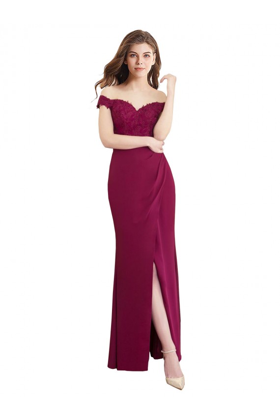 Off the Shoulder Chiffon Bridesmaid Dress with Lace Appliques and Front Slit