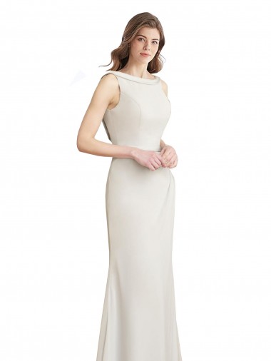 Shop Long Chiffon Bridesmaid Dress with Boat Neckline and Satin Collar UK