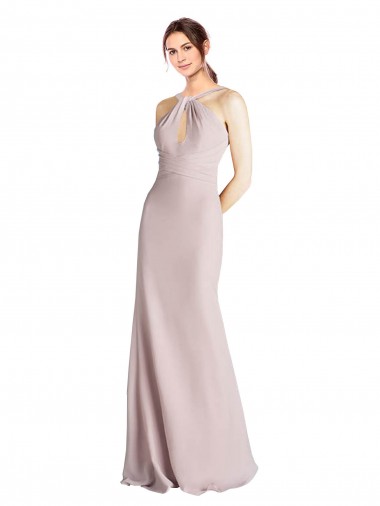 Shop Long Slim Chiffon Bridesmaid Dress with Ruffled Waist and Keyhole UK