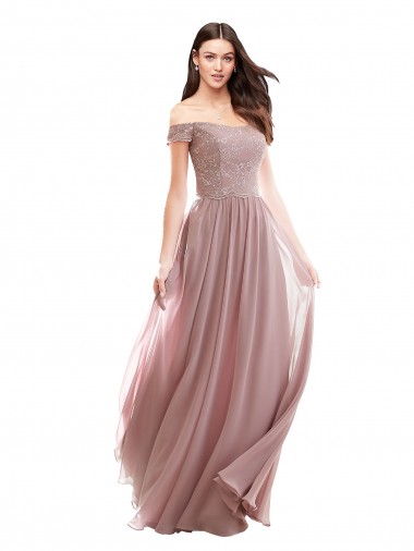 Shop Floor Length Chantilly Lace Off the Shoulder Chiffon Bridesmaid Dress UK