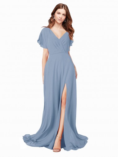 Shop Chiffon Bridesmaid Dress / Prom Dress with Flutter Sleeves and Front Slit UK