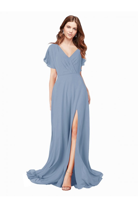 Chiffon Bridesmaid Dress / Prom Dress with Flutter Sleeves and Front Slit