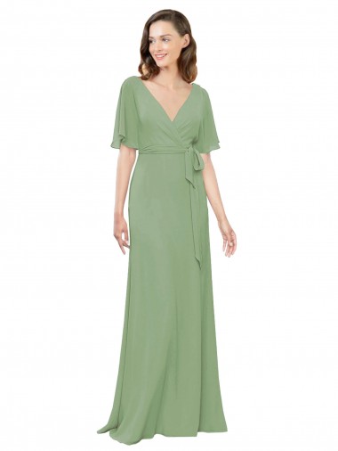 Shop Chiffon V-Neckline Wrap Bridesmaids Dress With Double Flutter Sleeve UK