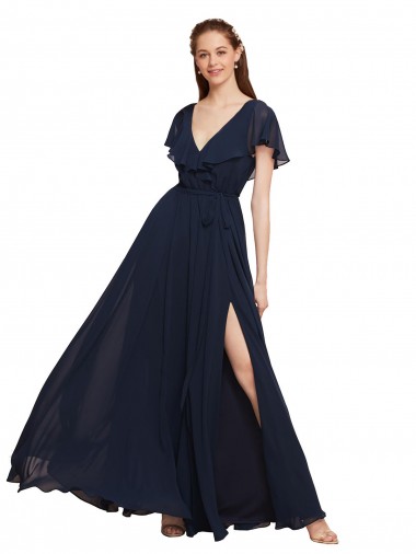 Shop Long V-Neck Chiffon Bridesmaid Dress with Slit and V-Back UK