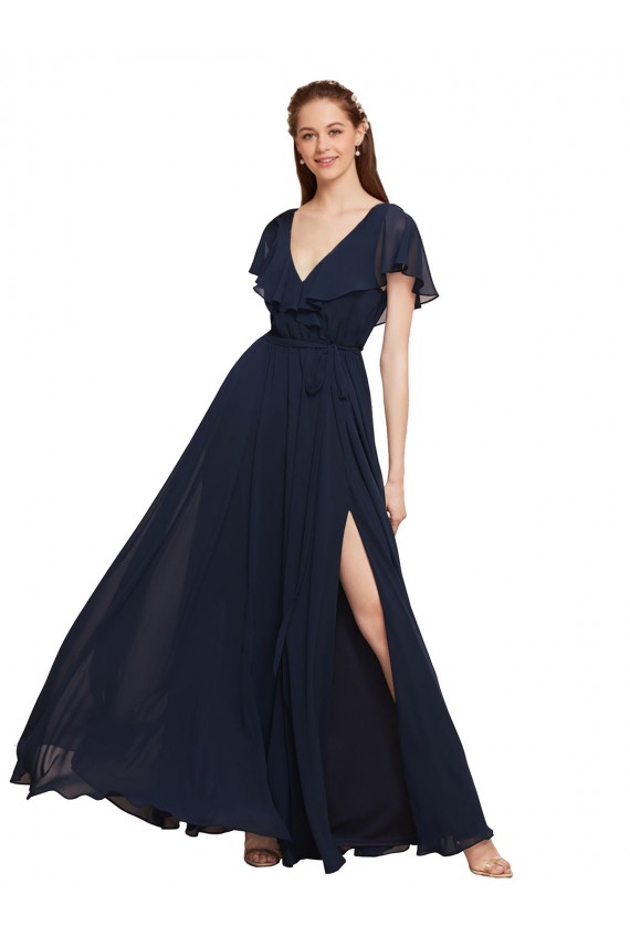 Long V-Neck Chiffon Bridesmaid Dress with Slit and V-Back