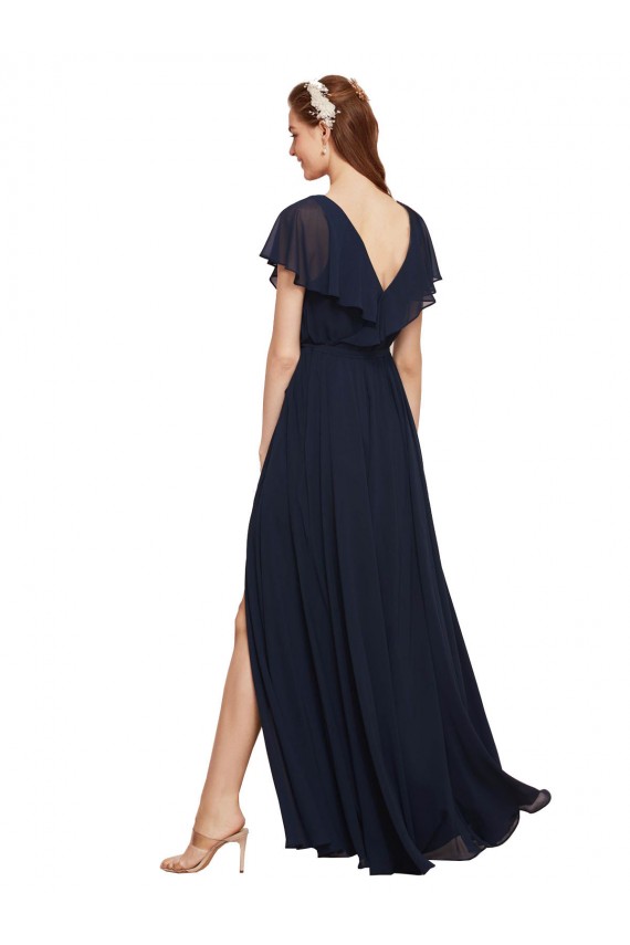 Long V-Neck Chiffon Bridesmaid Dress with Slit and V-Back