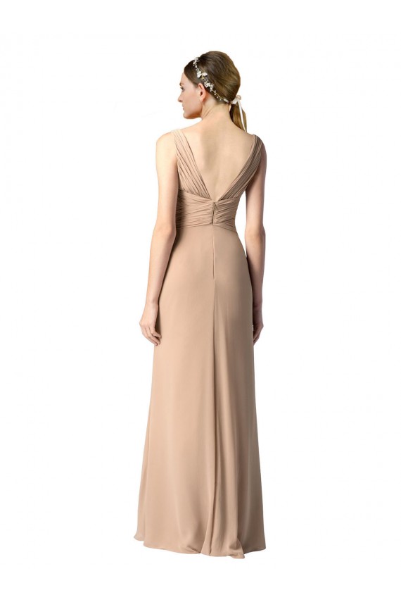 Shirred Long Floor Length Chiffon Bridesmaid Dress with V-Back