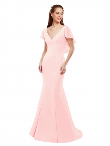 Shop Fit and Flare Chiffon Bridesmaid Dress with V-Neck and Flutter Sleeves UK