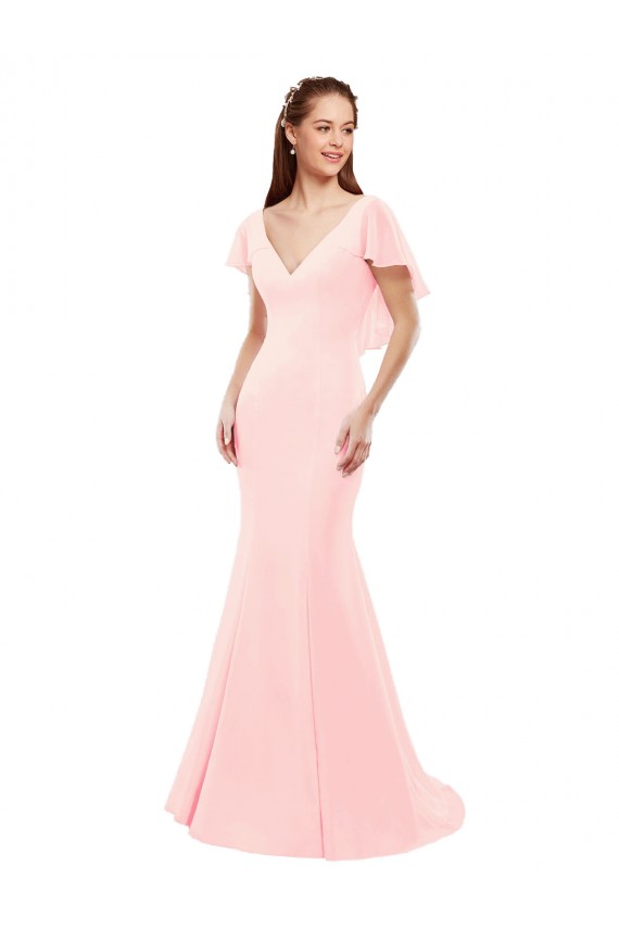 Fit and Flare Chiffon Bridesmaid Dress with V-Neck and Flutter Sleeves