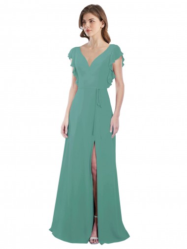 Shop Full Length Chiffon Bridesmaid Dress with Ruffled Cap Sleeves and Side Slit UK