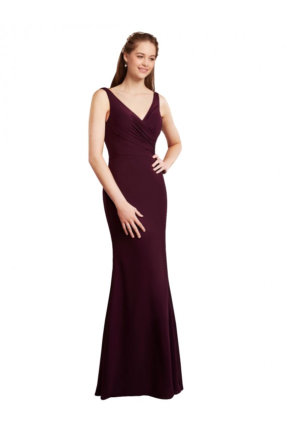 Floor Length Fluted Chiffon Dress with Draped Bodice and V-Neckline