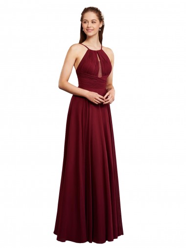 Shop Long A-Line Halter Neck Chiffon Bridesmaid Dress with Draped Bodice UK