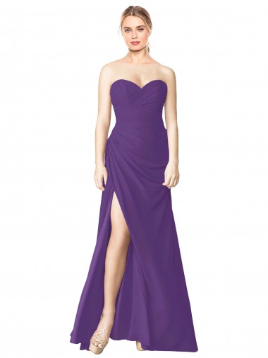 Shop Strapless Chiffon Bridesmaid Dress with Pleated Wrap Bodice and Side Slit UK