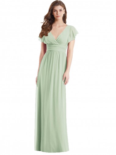 Shop Flutter Sleeves Draped Wrap V-Neck Chiffon Bridesmaid Dress UK