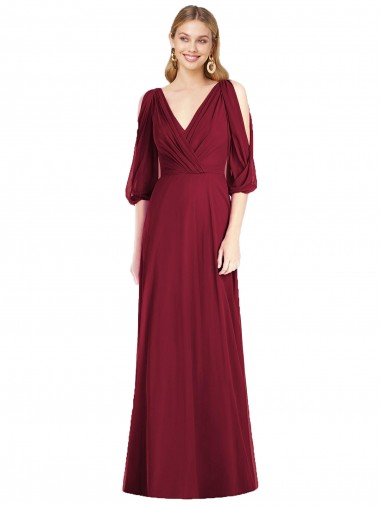 Shop Draped V-Neck Bell Sleeves V-Back Chiffon Bridesmaid Dress UK