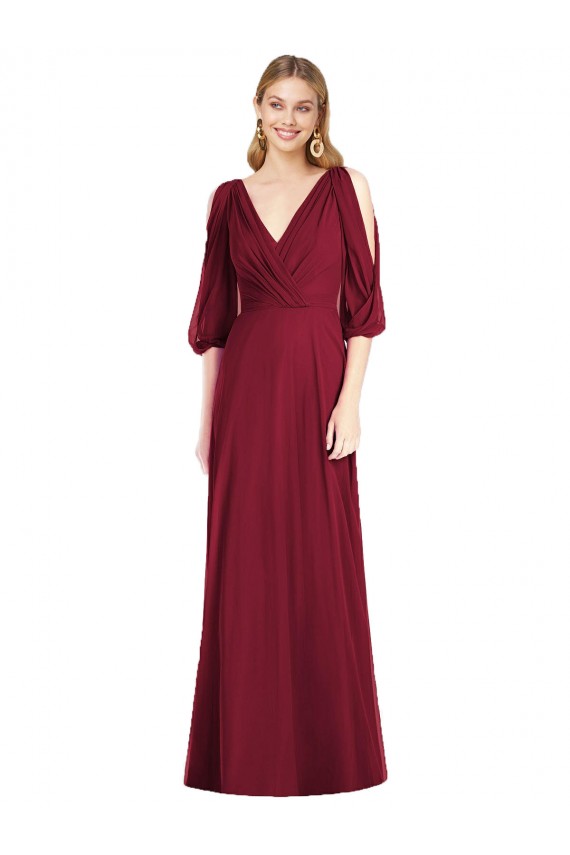 Draped V-Neck Bell Sleeves V-Back Chiffon Bridesmaid Dress