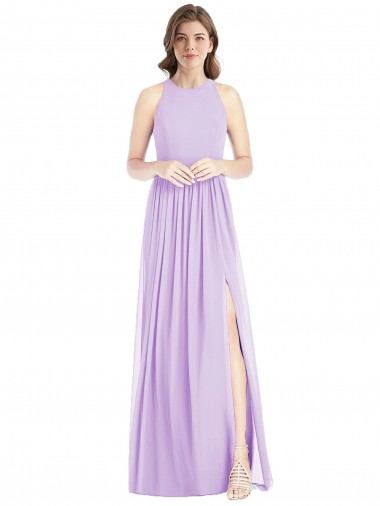 Shop Shirred Skirt Jewel Neck Halter Chiffon Bridesmaid Dress with Front Slit UK