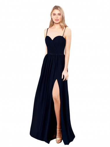 Shop Draped A-Line Chiffon Formal Bridesmaid Dress with Spaghetti Straps and High Slit UK