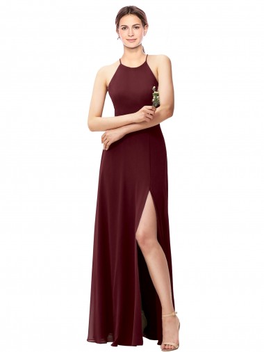 Shop Slim Long High Halter Neck Chiffon Bridesmaid Dress with High Side Slit UK