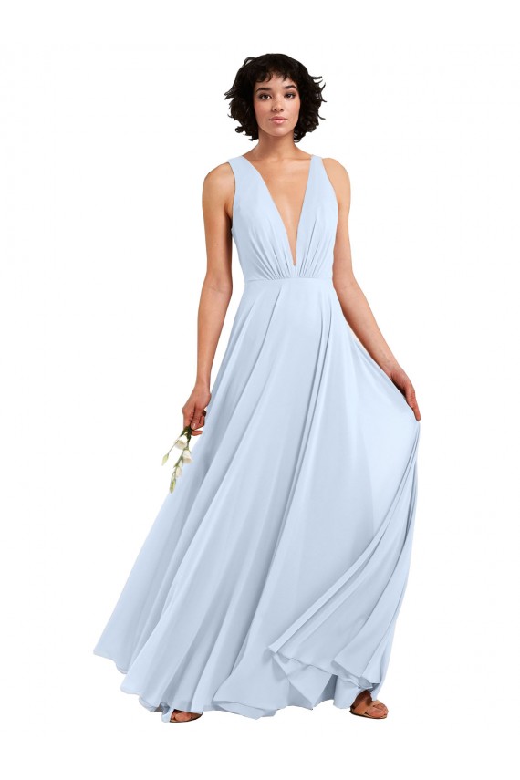 Daring Plunging V-Neck Long Chiffon Bridesmaid Dress with Pleated Bodice