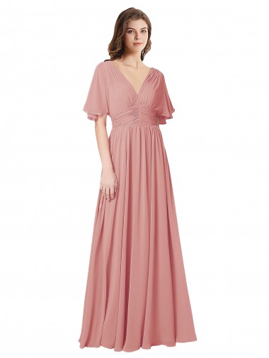 Shop Flutter Sleeves Plunging V-Neck Boho Chiffon Bridesmaid Dress UK