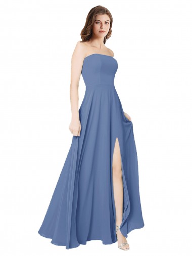 Shop Strapless Long Chiffon Bridesmaid Dress with Front Slit UK