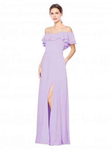 Shop Ruffled Off the Shoulder Long Chiffon Bridesmaid Dress with Slit UK