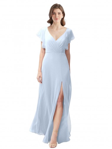 Shop Flutter Sleeves Long Chiffon Bridesmaid Dress with Daring Open Back and Side Slit UK