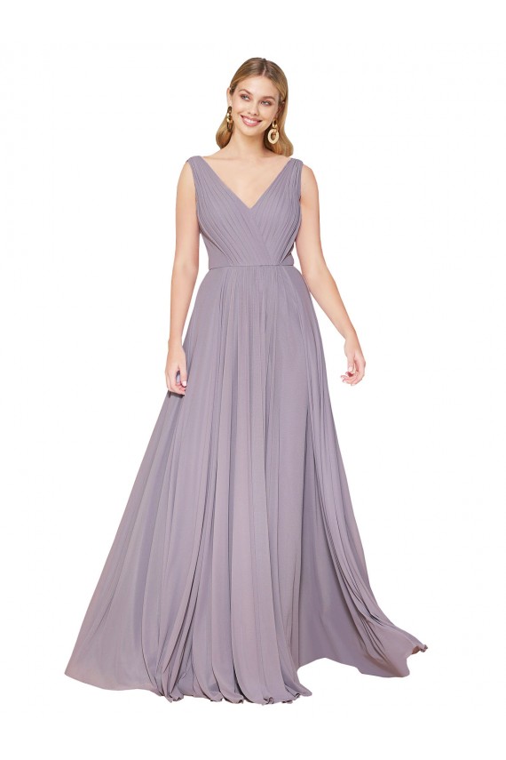 Draped Floor Length High Neck V-Back Chiffon Bridesmaid Dress / Formal Prom Dress with Shirred Bodice