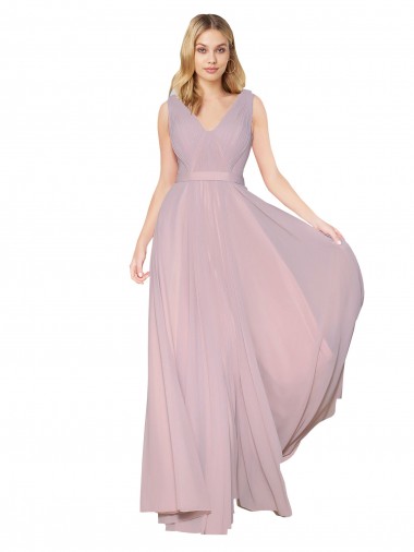 Shop Draped V-Neck Long Chiffon Bridesmaid Dress / Formal Prom Dress with Shirred Bodice UK