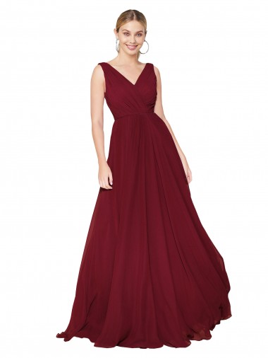 Shop Draped A-Line V-Neck Floor Length Chiffon Bridesmaid Dress / Formal Prom Dress UK