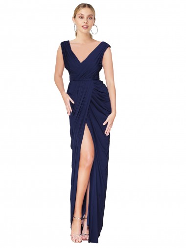 Shop Draped V-Neck Long Chiffon Bridesmaid Dress / Formal Prom Dress with Front Slit UK