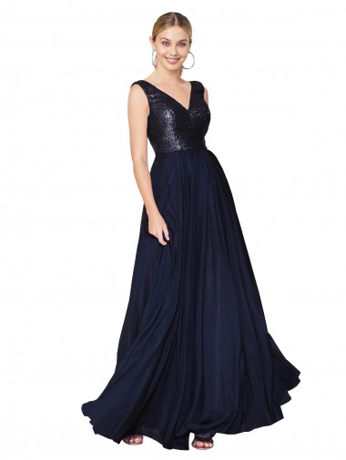 Shop High Neck V-Neck Long Chiffon Bridesmaid Dress / Prom Dress with Sequin Top UK