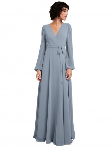 Shop Wrap Style Long Sleeves Chiffon Bridesmaid Dress with Pleated Bodice UK