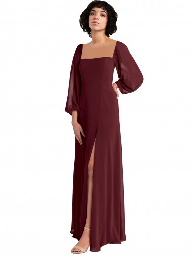 Shop Sheer Long Sleeves Chiffon Bridesmaid Dress with High Slit UK