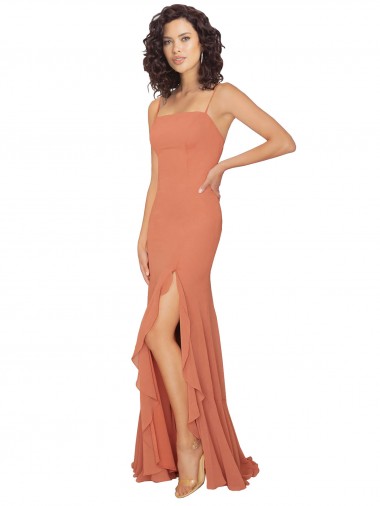 Shop Chiffon Square Neck Bridesmaid Dress with Ruffled Skirt Slit UK