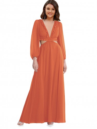 Shop High Low Ruffled Long Chiffon Cutout Bishop Sleeves Maxi Bridesmaid Dress UK