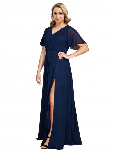 Shop Chiffon V-Neck Short Sleeves Long Formal Bridesmaid Dress / Prom Dress with High Slit UK