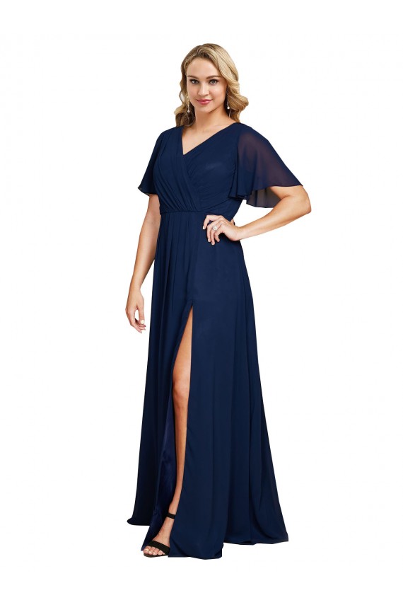 Chiffon V-Neck Short Sleeves Long Formal Bridesmaid Dress / Prom Dress with High Slit