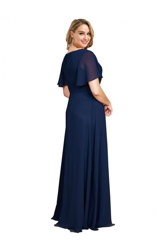 Chiffon V-Neck Short Sleeves Long Formal Bridesmaid Dress / Prom Dress with High Slit